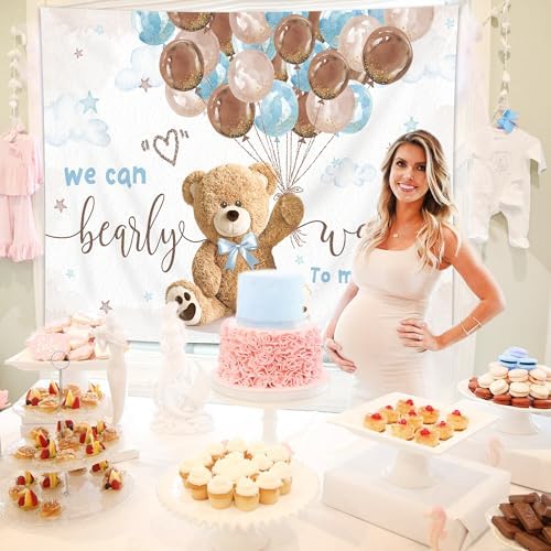 Imirell We Can Bearly Wait Backdrop 7Wx5H Feet, Bear Baby Shower Decorations for Boys, Cute Lovely Cartoon Balloons Baby Shower Party, Bear Photography Backgrounds Newborn Photo Shoot Decor Props - Image 5