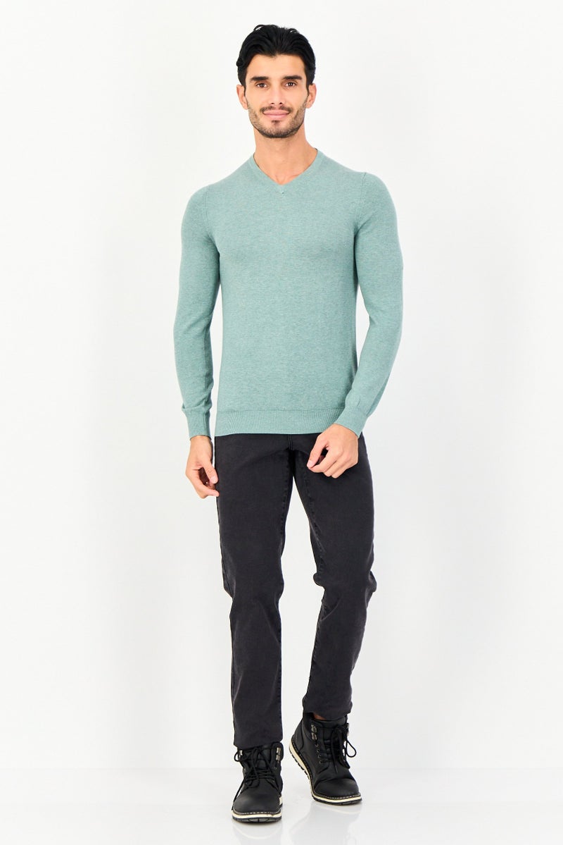 Celio Men V Neck Long Sleeve Heather Sweater, Green - Image 4