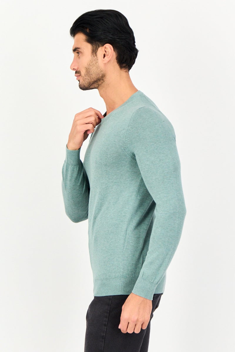 Celio Men V Neck Long Sleeve Heather Sweater, Green - Image 2