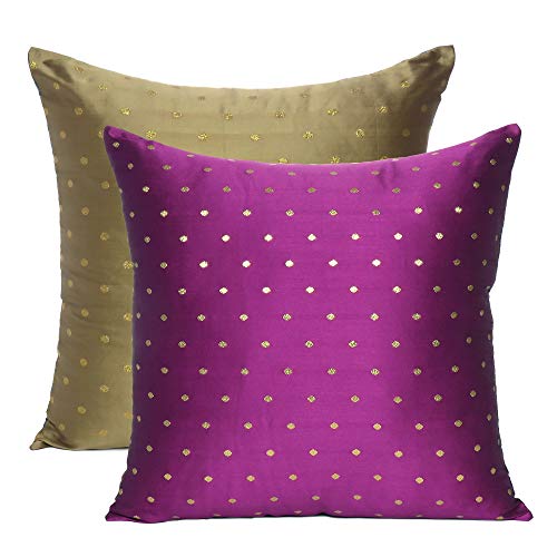 Oussum Throw Cushion Cover Art Silk Pillow Cover Polka Dot Cushion Case Reversible Square Pillow Case for Home Decor Set of 2 (Gold & Pink, 12 x 12) - Image 2
