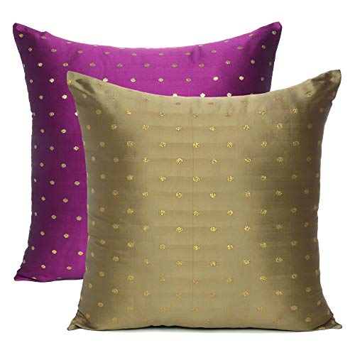 Oussum Throw Cushion Cover Art Silk Pillow Cover Polka Dot Cushion Case Reversible Square Pillow Case for Home Decor Set of 2 (Gold & Pink, 12 x 12) - Image 1