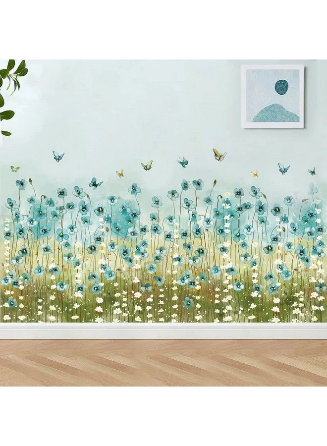 LiveGallery Small Blue Flowers Wall Decals White Daisy Wall Stickers Diy Peel And Stick Butterfly Plants Wall Sticker For Baby Kids Girls Bedroom Nursery Living Room Office Corners Skirting Lines Waist Lines (A) - Image 2