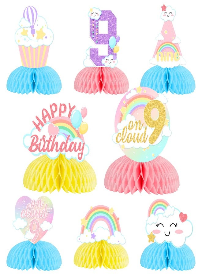 Fangleland 8Pcs Cloud 9th Birthday Table Decorations for Girls, Rainbow Happy Birthday Honeycomb Centerpieces for 9 Year Old Party - Colorful Cloud 9 3D Table Toppers - Image 1