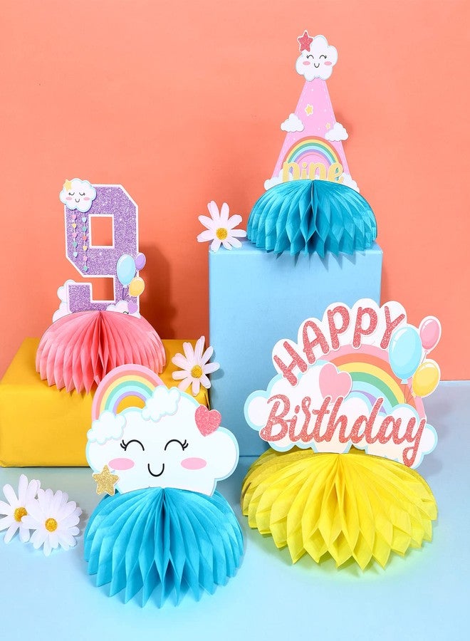 Fangleland 8Pcs Cloud 9th Birthday Table Decorations for Girls, Rainbow Happy Birthday Honeycomb Centerpieces for 9 Year Old Party - Colorful Cloud 9 3D Table Toppers - Image 3