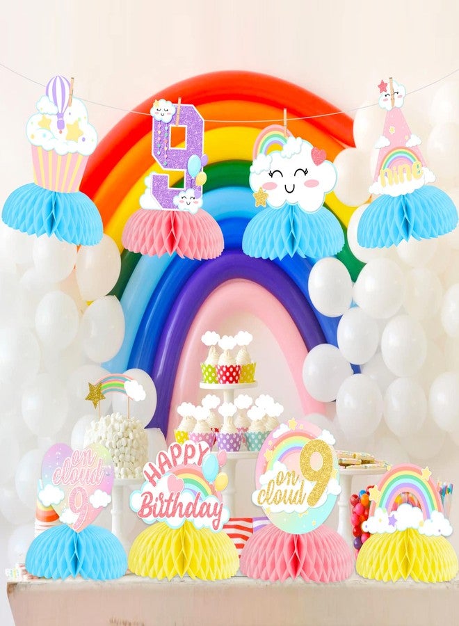 Fangleland 8Pcs Cloud 9th Birthday Table Decorations for Girls, Rainbow Happy Birthday Honeycomb Centerpieces for 9 Year Old Party - Colorful Cloud 9 3D Table Toppers - Image 4
