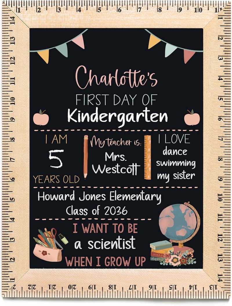 Bloom Owl First Day of School Chalkboard Sign - 11.5"x15" Reusable Back to School Photo Prop with Wooden Ruler Frame for Preschool, Kindergarten, and Beyond (Flags- Pastel)