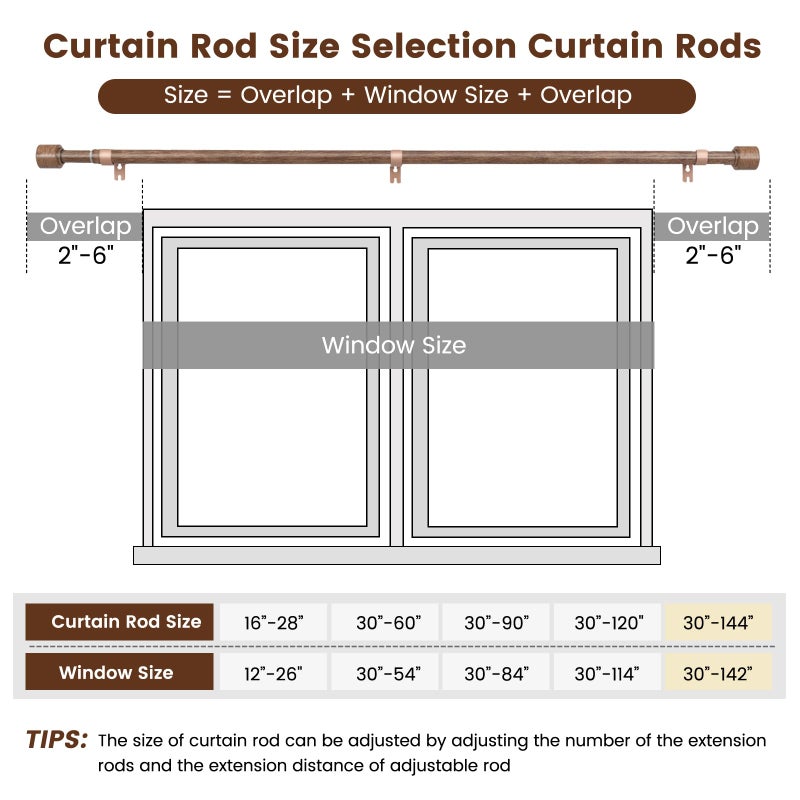 Hradecti 1â€ Diameter Curtain Rods Itself is 30 to 144 inch 1 Pack Fit 30-142 inch, 66 to 120 inch Window with Heavy Duty Adjustable Rod Matte Wood Grain Splicing Metal Extra Long Curtain Rod for Windows - Image 3