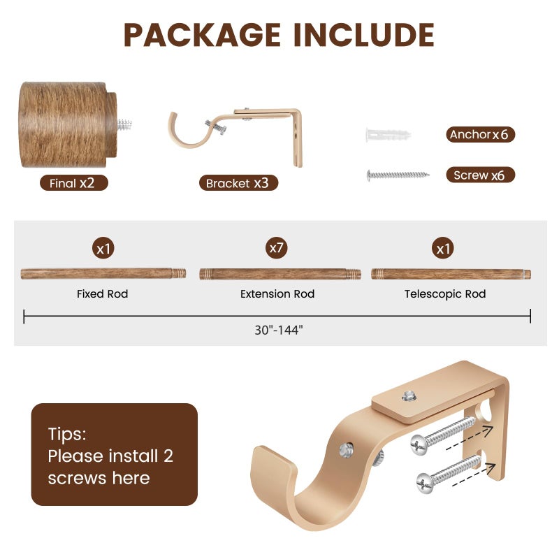 Hradecti 1â€ Diameter Curtain Rods Itself is 30 to 144 inch 1 Pack Fit 30-142 inch, 66 to 120 inch Window with Heavy Duty Adjustable Rod Matte Wood Grain Splicing Metal Extra Long Curtain Rod for Windows - Image 2