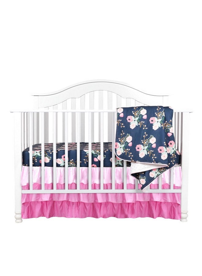 Sahaler 3 pcs Set Boho Floral Ruffle Baby Minky Blanket Water Color, Peach Floral Nursery Crib Skirt Set Baby Girl Crib Bedding (Navy Blue)  - Image 1