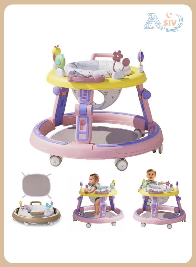 ASIV Baby Walkers 360° Rotating Seat Foldable Multi-Function Anti-Rollover for 6-24 Month Babies, Music Toddler Push Along Walker for Girls, No Installation, with Silent Wheels(Pink)  - Image 1