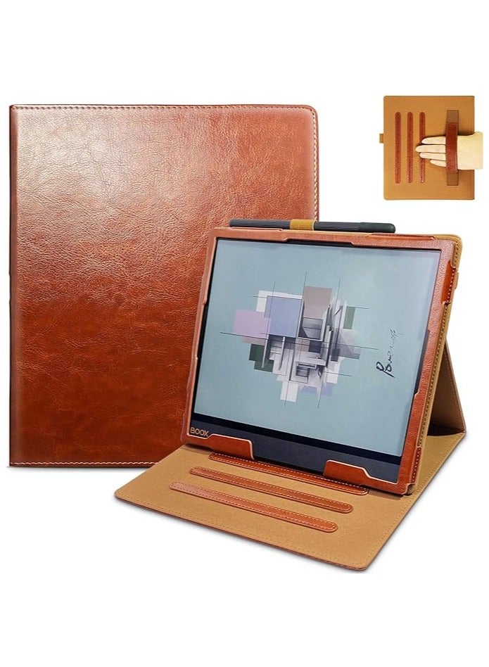 حافظة متوافقة مع جهاز Onyx Boox Note Air 4 C بحجم 10.3 بوصة (2024) - حافظة جلد مطبوع بمقبض مع حامل قلم ووظيفة حالة النوم/الاستيقاظ التلقائية لجهاز Boox Note Air 4 C. توفر هذه الحافظة الحماية اللازمة للجهاز مع ميزات إضافية مثل المقبض وحامل القلم لتسهيل الاستخدام والحماية.