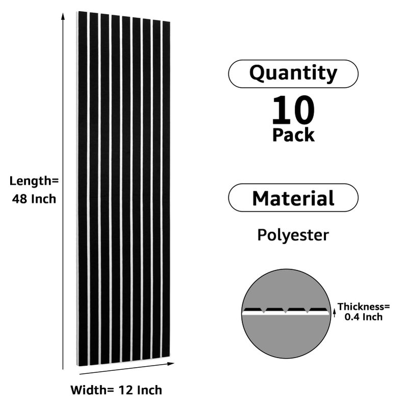 Art3dwallpanels 10 Pack Acoustic Panels, 48" X 12" X 0.43" Soundproof Wall Panels, Self Adhesive High Density Sound Absorbing Acoustic Treatment for Recording Studio, Office, Black and White - Image 3