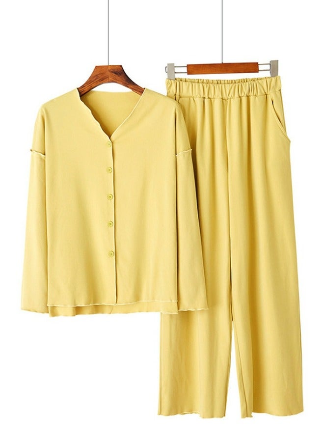 Loquat Women's Solid Color 2-Piece Set Loose Nightgown Sleepwear Long Sleeve V-Neck Top And Pants Soft Loungewear Wear Warm Pajamas Suit Yellow 