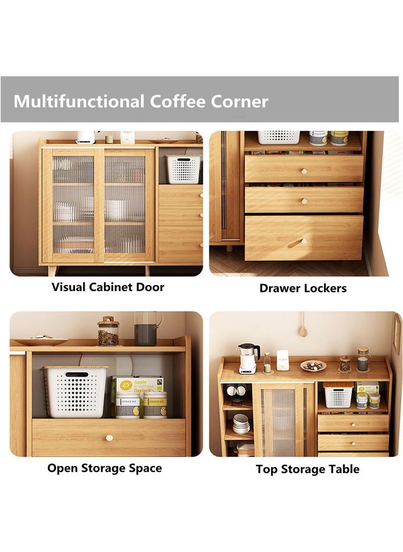 AGD Coffee Corner Kitchen Side Cabinet with Drawers and Sliding Doors, Large Storage Capacity Kitchen Cabinet 100x36x92cm Suitable for Kitchen, Living Room, Dining Room - Wood Color  - Image 3