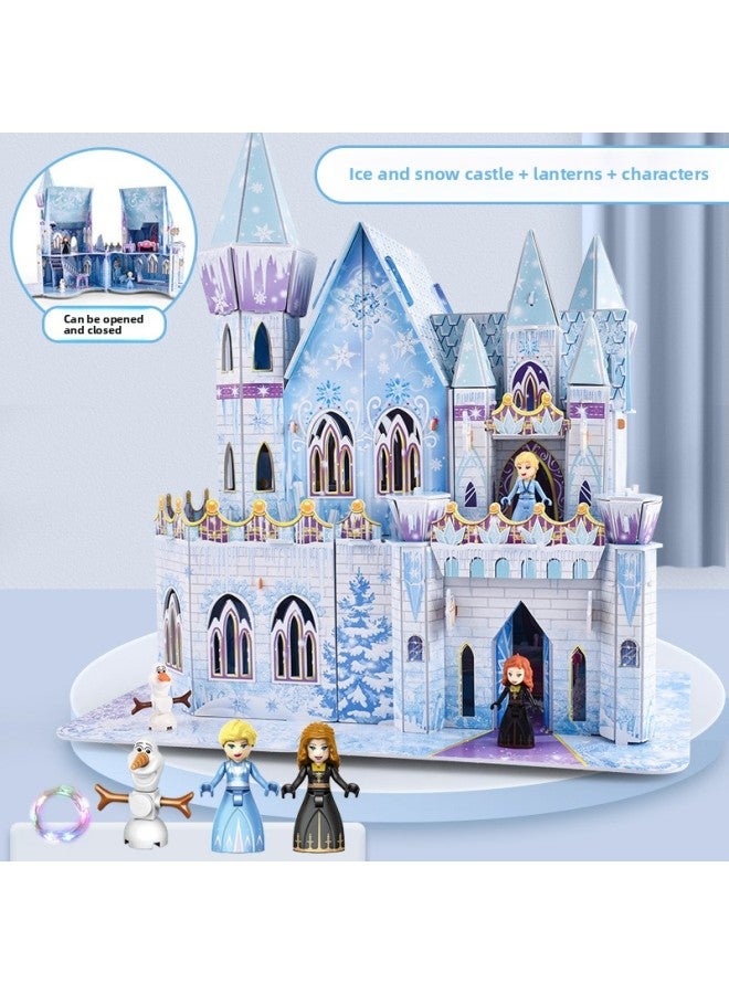 Ice Castle Children's Three-dimensional Puzzle 3d Assembled Model Toy Girl's Patchwork Cottage Birthday Gift-Color:Ice And Snow Puzzle Castle + Colored Lights + Characters - Image 1