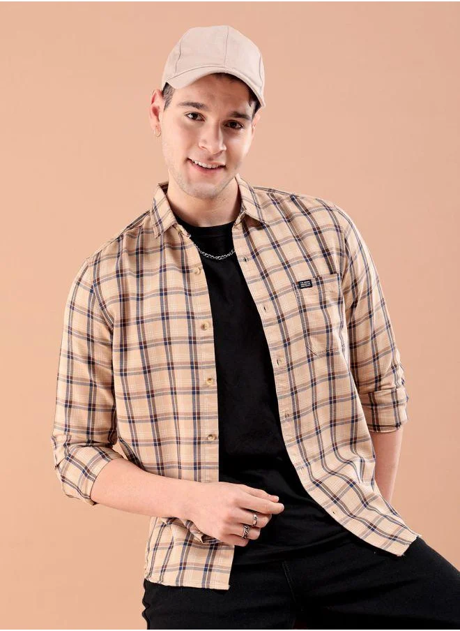 شركة المرآب الهندية Men Slim Fit Checkered Full Sleeves Spread Collar Casual Shirt
