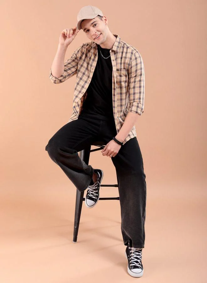 شركة المرآب الهندية Men Slim Fit Checkered Full Sleeves Spread Collar Casual Shirt