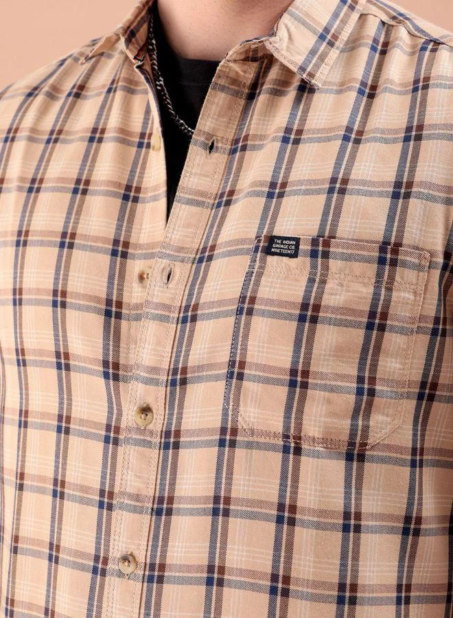شركة المرآب الهندية Men Slim Fit Checkered Full Sleeves Spread Collar Casual Shirt