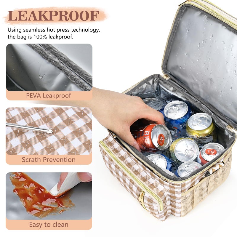 LOKASS Lunch Box for Women-16L-Insulated Lunch Bag Women, Expandable Double-layer Leakproof Cooler Bag with Upgrade Adjustable Shoulder Strap Ideal for Work/Travel/Picnicsï¼ˆBrown&White Checkï¼‰ - Image 4