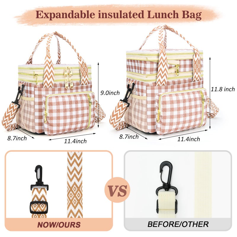 LOKASS Lunch Box for Women-16L-Insulated Lunch Bag Women, Expandable Double-layer Leakproof Cooler Bag with Upgrade Adjustable Shoulder Strap Ideal for Work/Travel/Picnicsï¼ˆBrown&White Checkï¼‰ - Image 5