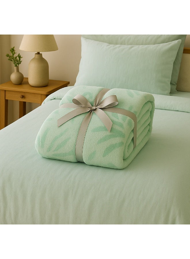 ELEGA DECOR Jacquard Flannel Blanket – Double (200x220 cm) – Knitted Leaf Embossed, Light Green | Ultra-Soft, Premium Brushed Polyester, All-Season Comfort - Image 2