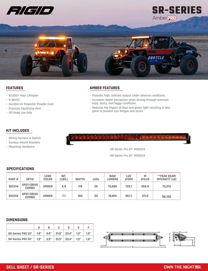 RIGID INDUSTRIES 922314 SR-Series 20 Inch Spot with Amber PRO Lens - Image 3