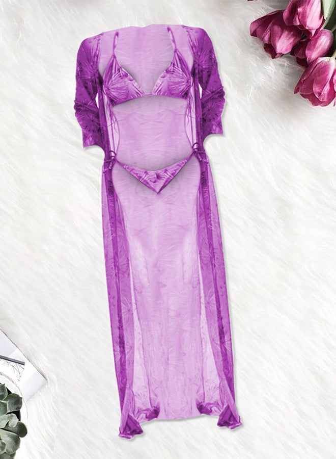 MARGOUN Medium Size Three-piece Digital Printing Bikini Ladies Beach Sunscreen Blouse Swimsuit Long Lace Dress Sheer Dress Sheer Kimono Dress Purple /M3109  - Image 1