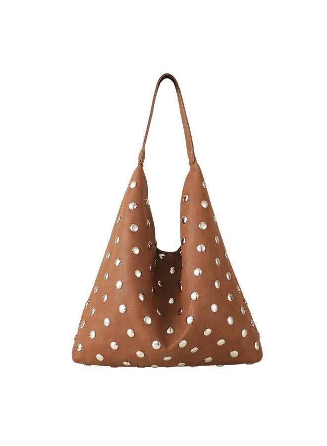 YLYYHH Studded Hobo Purse for Women, Leather Tote Bag Rivet Studded Shoulder Bag Punk Handbag, Brown, Medium - Image 1