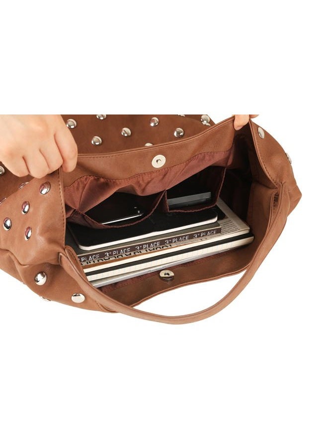 YLYYHH Studded Hobo Purse for Women, Leather Tote Bag Rivet Studded Shoulder Bag Punk Handbag, Brown, Medium - Image 5