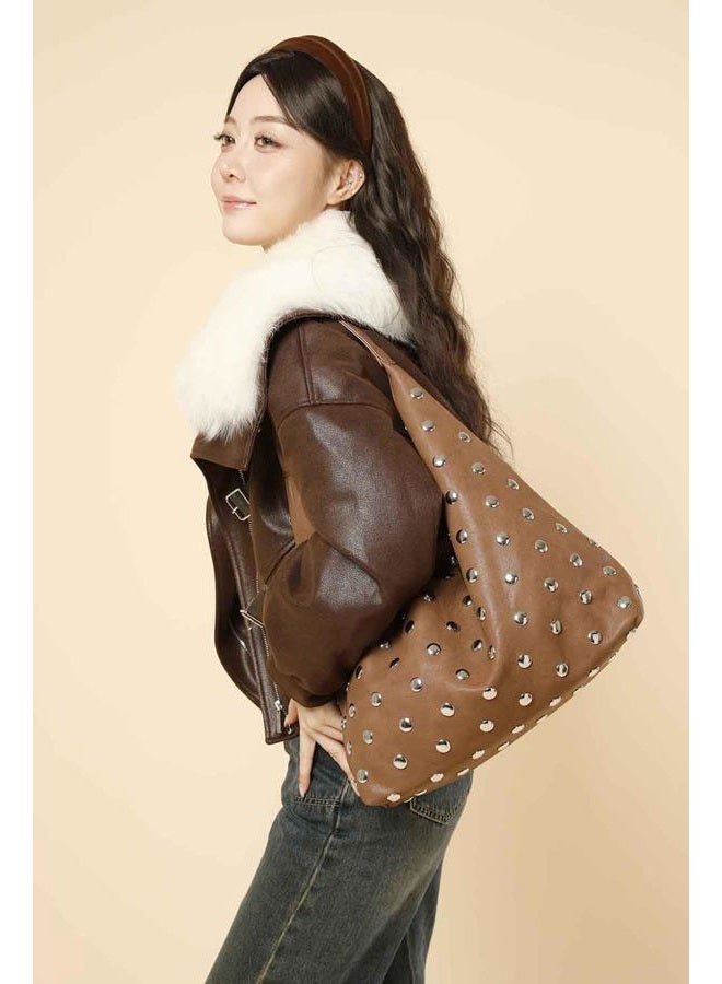 YLYYHH Studded Hobo Purse for Women, Leather Tote Bag Rivet Studded Shoulder Bag Punk Handbag, Brown, Medium - Image 3