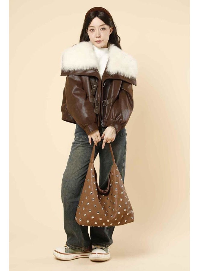 YLYYHH Studded Hobo Purse for Women, Leather Tote Bag Rivet Studded Shoulder Bag Punk Handbag, Brown, Medium - Image 2