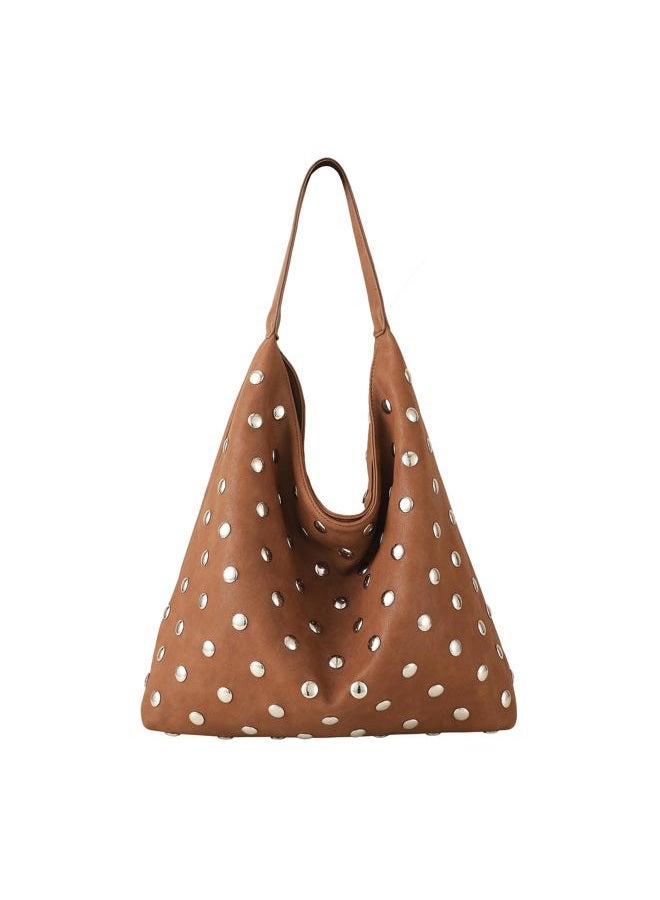 YLYYHH Studded Hobo Purse for Women, Leather Tote Bag Rivet Studded Shoulder Bag Punk Handbag, Brown, Medium - Image 4