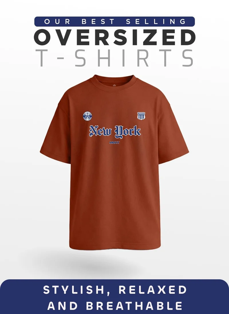 NOBERO Rust Orange Men Oversized Printed T-shirt for Men | Best Price UAE
