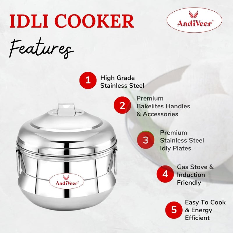 AadiVeer Deluxe Stainless Steel Idli CookerIdli PotIdli Maker With idiyappamSteamer Plate 3 Idli Plates 13 Idlies - Image 2