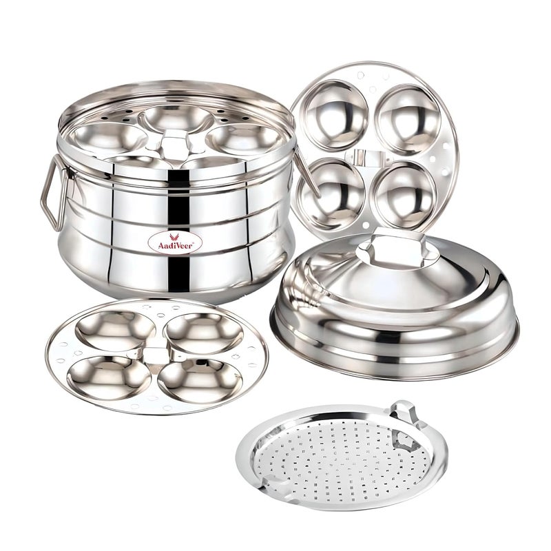 AadiVeer Deluxe Stainless Steel Idli CookerIdli PotIdli Maker With idiyappamSteamer Plate 3 Idli Plates 13 Idlies - Image 1