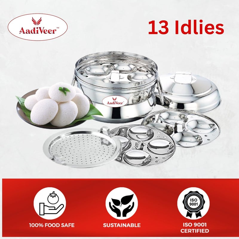 AadiVeer Deluxe Stainless Steel Idli CookerIdli PotIdli Maker With idiyappamSteamer Plate 3 Idli Plates 13 Idlies - Image 5