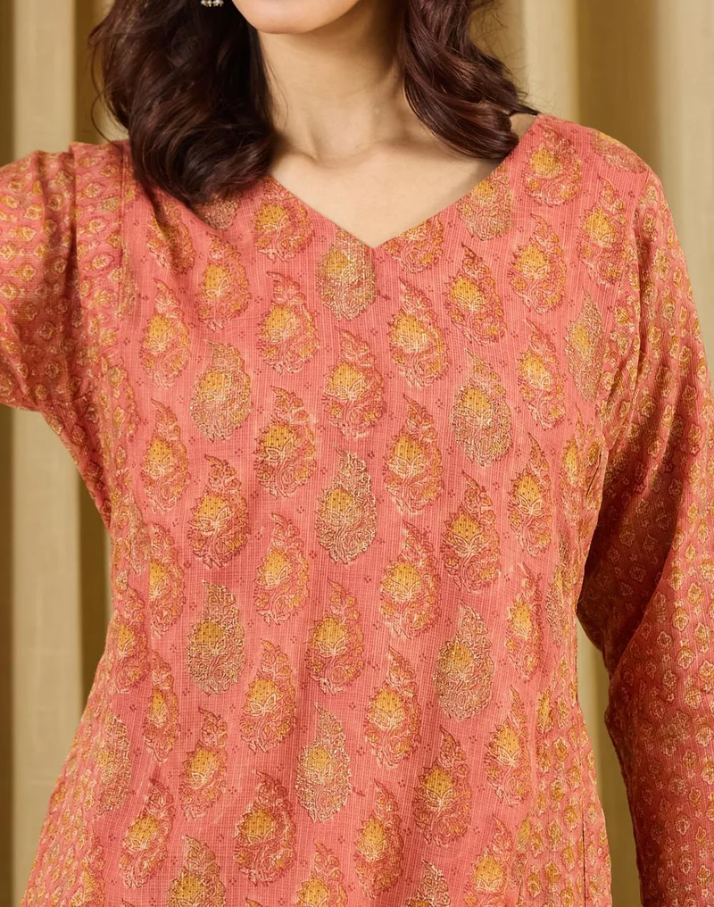 Fabindia  Pink Cotton Silk Hand Block Printed Slim Fit Long Kurta for Women | Best Price UAE