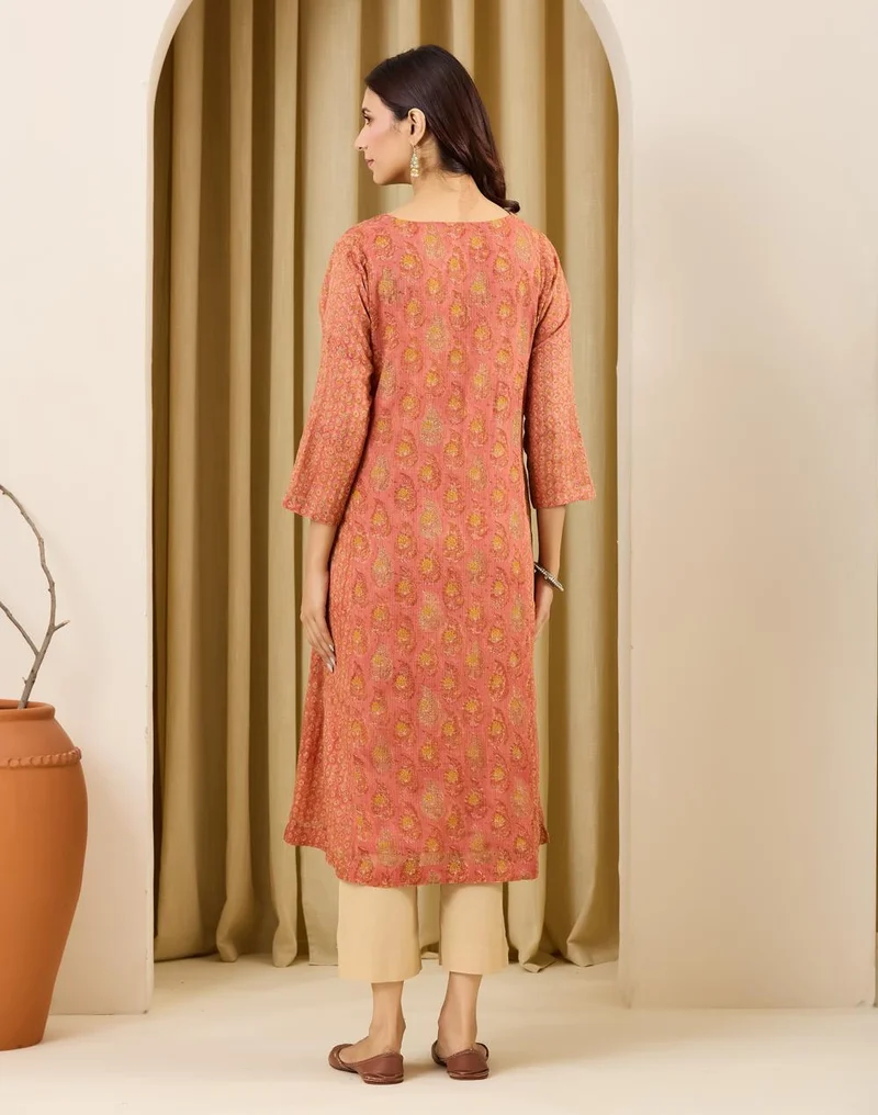 Fabindia  Pink Cotton Silk Hand Block Printed Slim Fit Long Kurta for Women | Best Price UAE