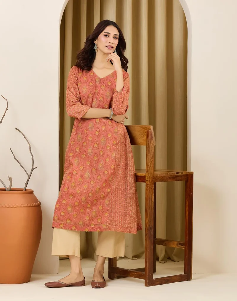 Pink Cotton Silk Hand Block Printed Slim Fit Long Kurta