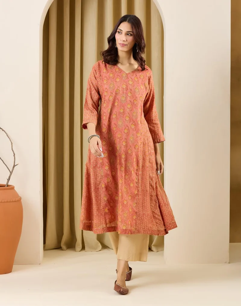 Fabindia  Pink Cotton Silk Hand Block Printed Slim Fit Long Kurta for Women | Best Price UAE