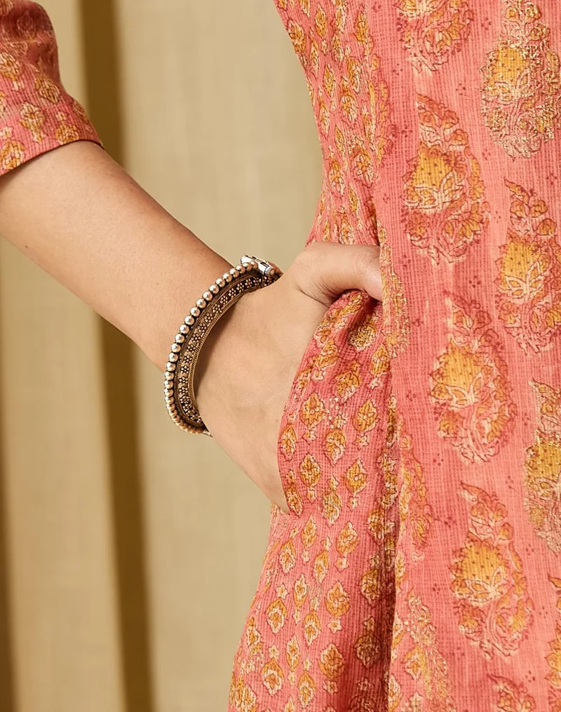 Fabindia  Pink Cotton Silk Hand Block Printed Slim Fit Long Kurta for Women | Best Price UAE