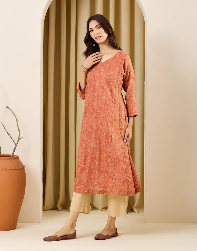 Fabindia  Pink Cotton Silk Hand Block Printed Slim Fit Long Kurta for Women | Best Price UAE