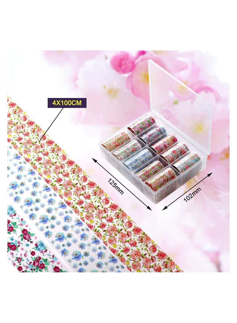 10 لفات ملصقات أظافر مزخرفة بطبعة زهور ملونة، لاصقة ذاتياً، أوراق فويل مزخرفة بنمط زهور ملونة للسيدات والفتيات - Image 2