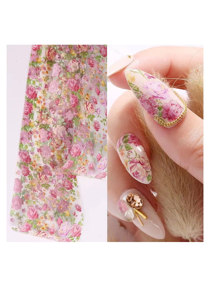 10 لفات ملصقات أظافر مزخرفة بطبعة زهور ملونة، لاصقة ذاتياً، أوراق فويل مزخرفة بنمط زهور ملونة للسيدات والفتيات - Image 3