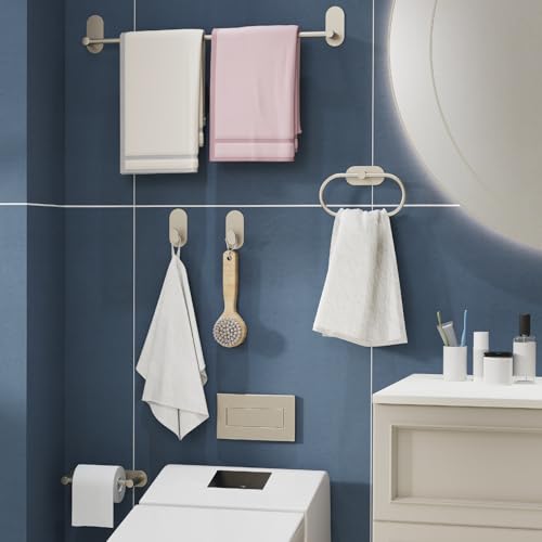 WZRUA Adhesive Towel Hooks for Bathrooms 2 Pack Brushed Nickel Stainless Steel and Zinc Alloy Sticky Wall Hooks for Hanging Heavy Duty Self Adhesive Robe Shower Hanger for Kitchen, Closet, Cabinet, Door - Image 5