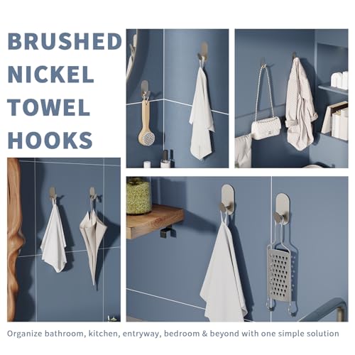 WZRUA Adhesive Towel Hooks for Bathrooms 2 Pack Brushed Nickel Stainless Steel and Zinc Alloy Sticky Wall Hooks for Hanging Heavy Duty Self Adhesive Robe Shower Hanger for Kitchen, Closet, Cabinet, Door - Image 2