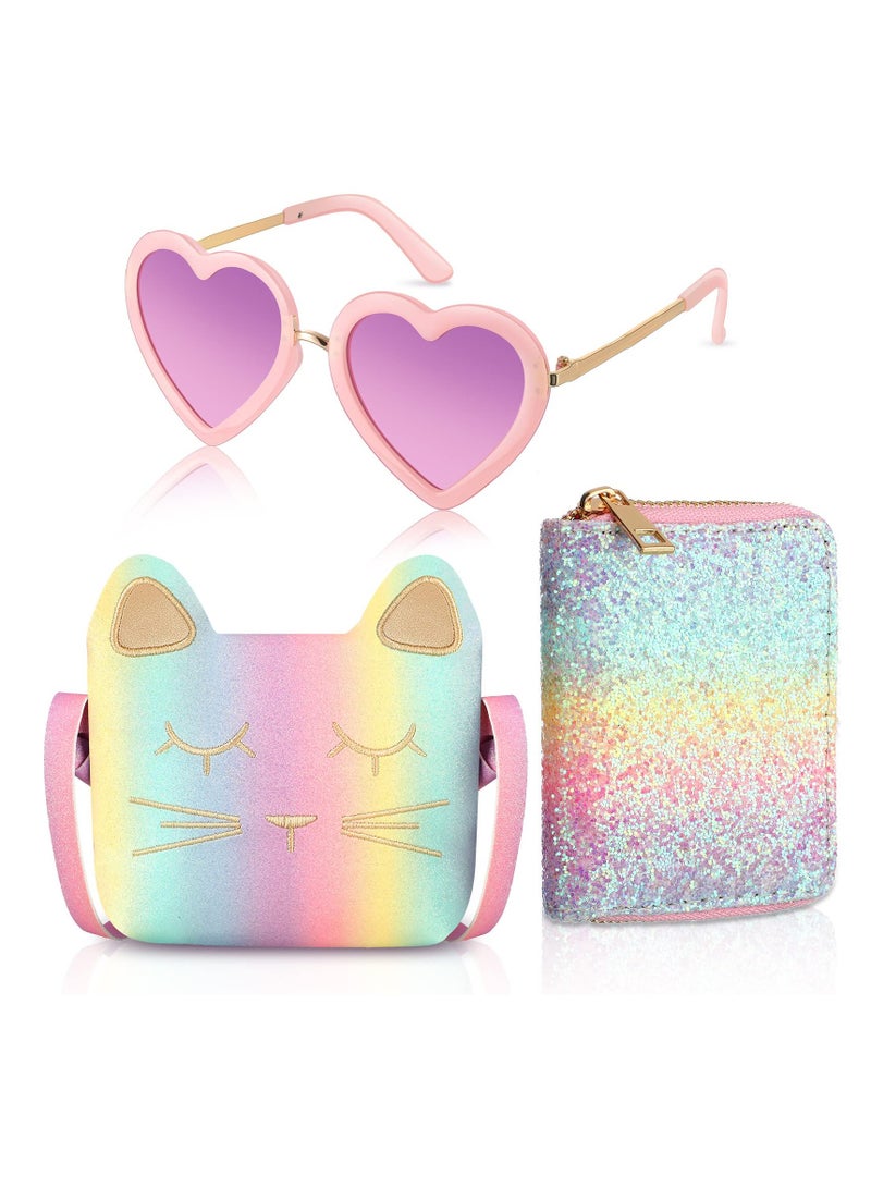Princess Fashion Set, 3 Pcs Toddler Cute Cat Purse Heart Shaped Sunglasses with UV 400 Protection Crossbody Bag Glitter Small Wallet, Princess Accessories for Girls (Pink)  - Image 1