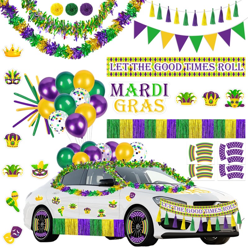 Moon Boat 54Pcs Mardi Gras Float Parade Car Decorations Kit - Purple Green Gold Tinsel Garlands Banners Balloons for Vehicle Carnival Party Decor - Image 1