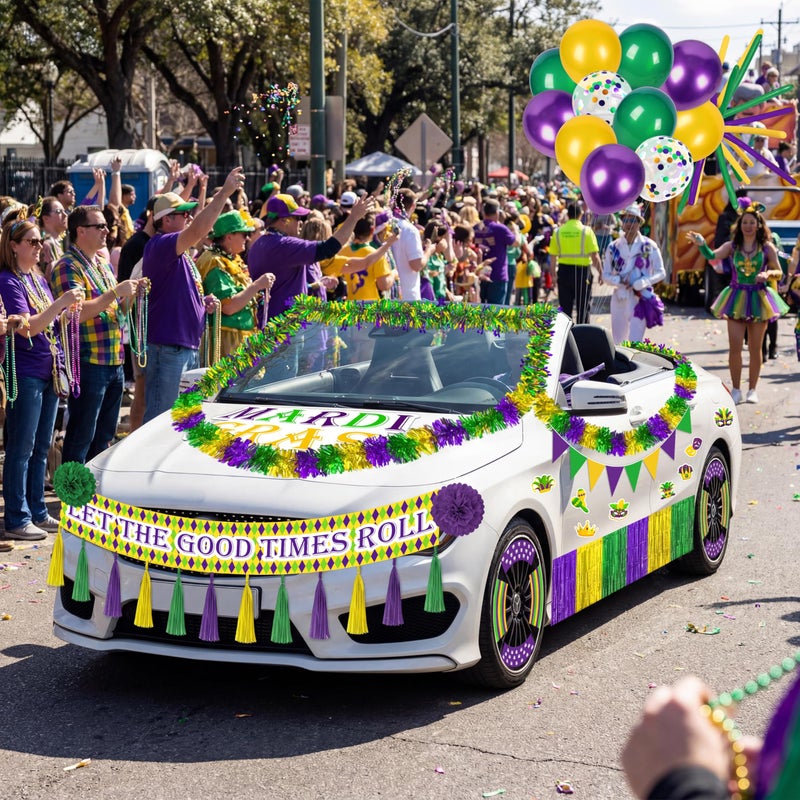 Moon Boat 54Pcs Mardi Gras Float Parade Car Decorations Kit - Purple Green Gold Tinsel Garlands Banners Balloons for Vehicle Carnival Party Decor - Image 4