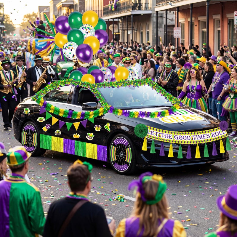 Moon Boat 54Pcs Mardi Gras Float Parade Car Decorations Kit - Purple Green Gold Tinsel Garlands Banners Balloons for Vehicle Carnival Party Decor - Image 2